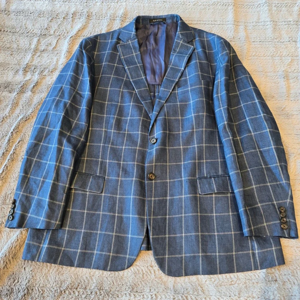 Lauren Ralph Lauren 46R Blue Windowpane Plaid 100% Linen Blazer Sport Coat Mens